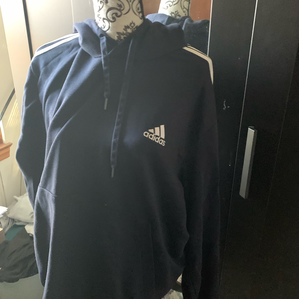 Adidas Navy Blue Hoodie Sweater with White Logo and Shoulder Stripes